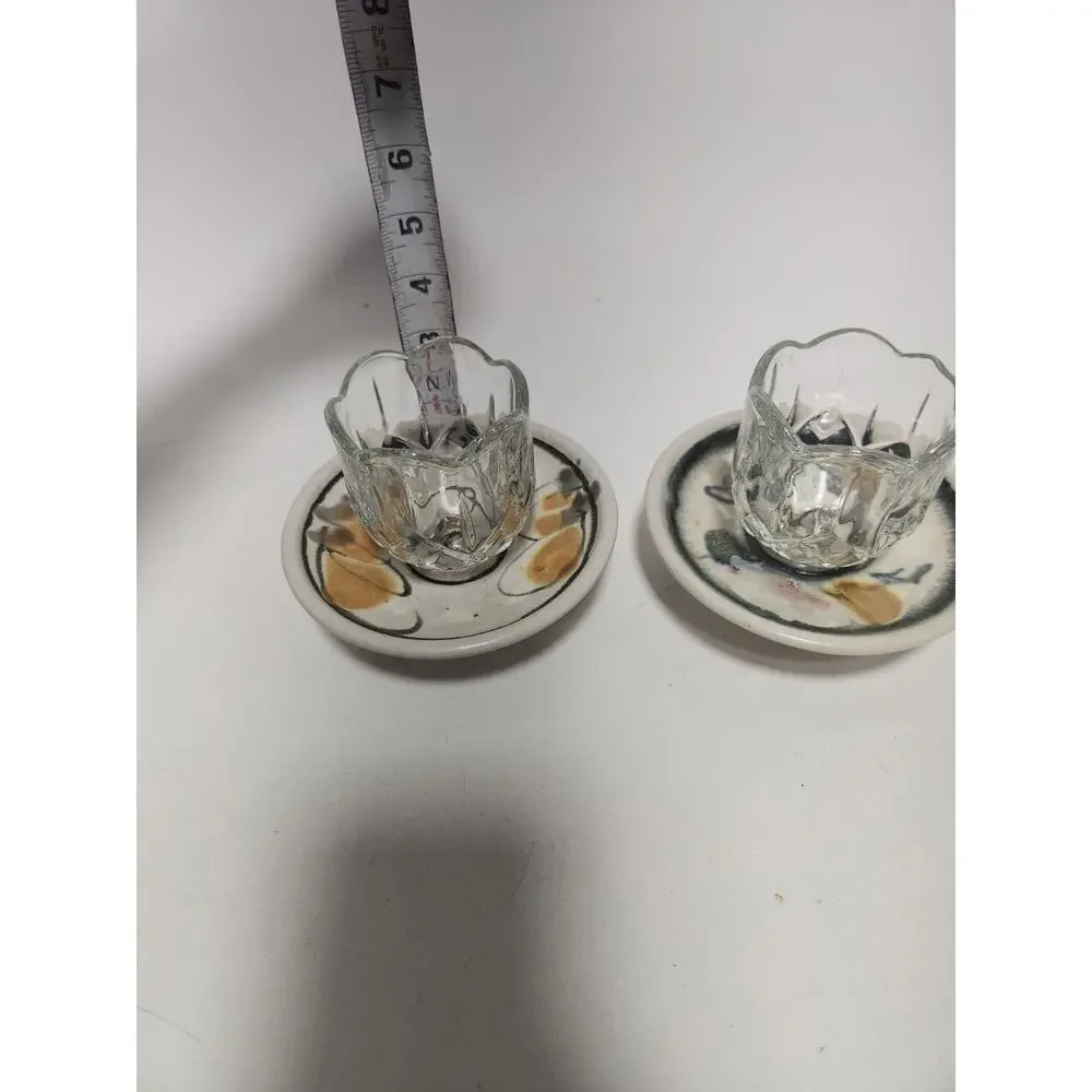 Handmade Studio Pottery Votive Candle Holders w/ Glass Cups Signed Mulick Set of